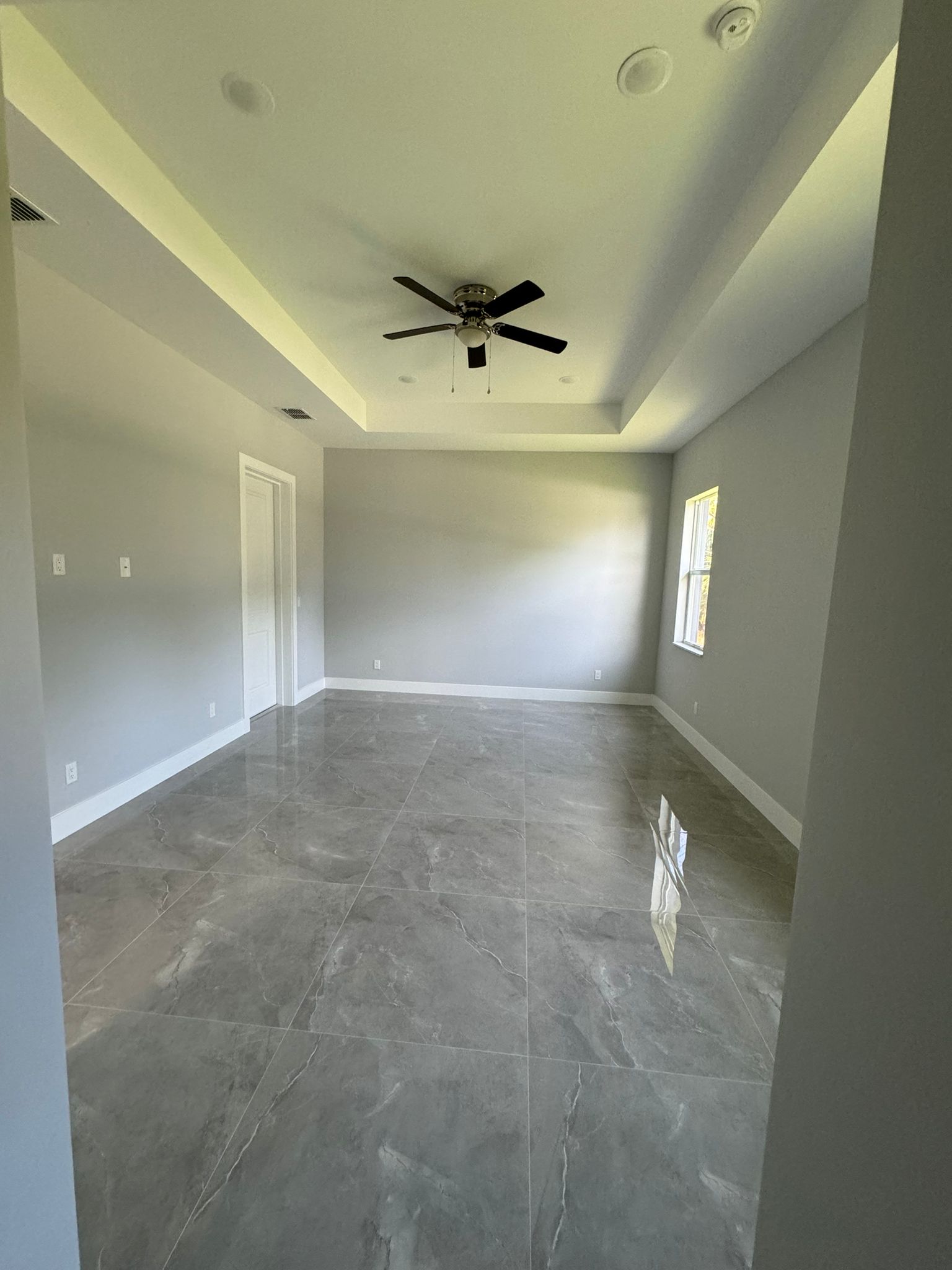 Bedroom with tray ceiling painted soft gray